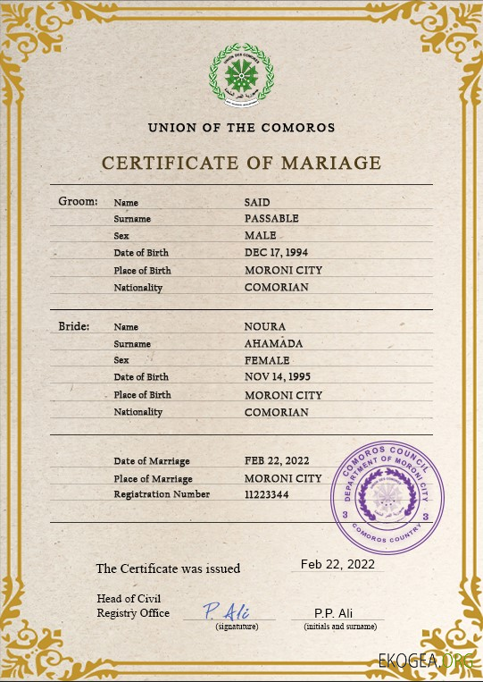 Modèle PSD de certificat de mariage des Comores